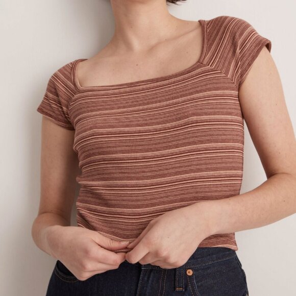 Madewell Brightside Rib Square-Neck Tee in Stripe Cap Sleeve Ground Clay XXL - Picture 1 of 10